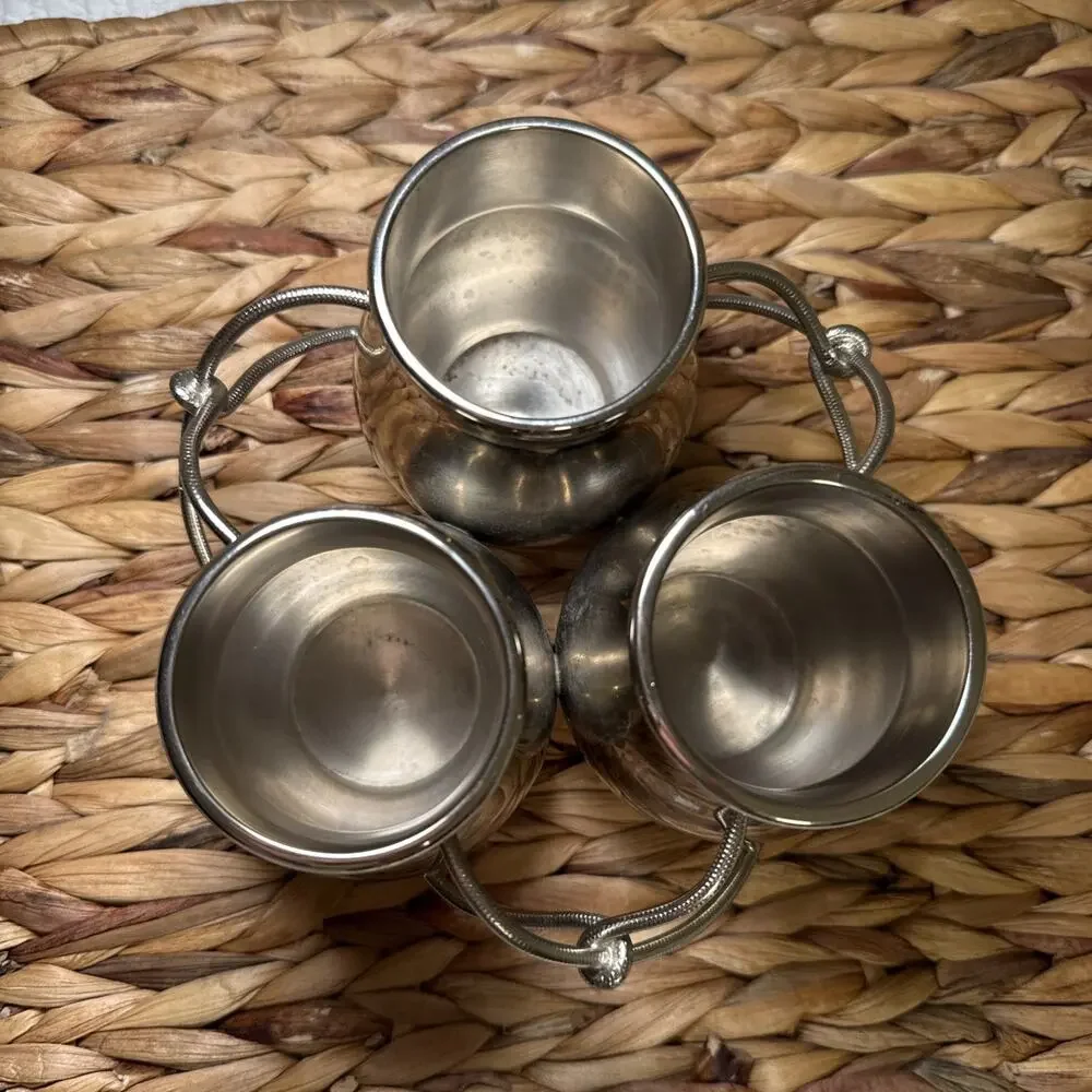Vtg Set 3 Silver Tone Metal Bud Vases Rigid Intertwined Rope Handles MCM Decor